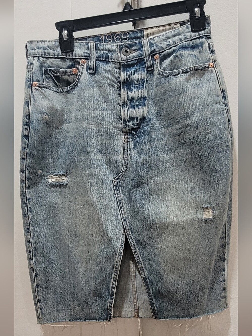Gap 1969 Distressed Light Wash Denim Pencil Skirt with Front Slit